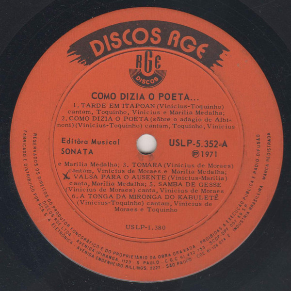 Vinicius De Moraes , Marilia Medalha , Toquinho - Como Dizia O Poeta... | Discos RGE (USLP-5.352) - 3
