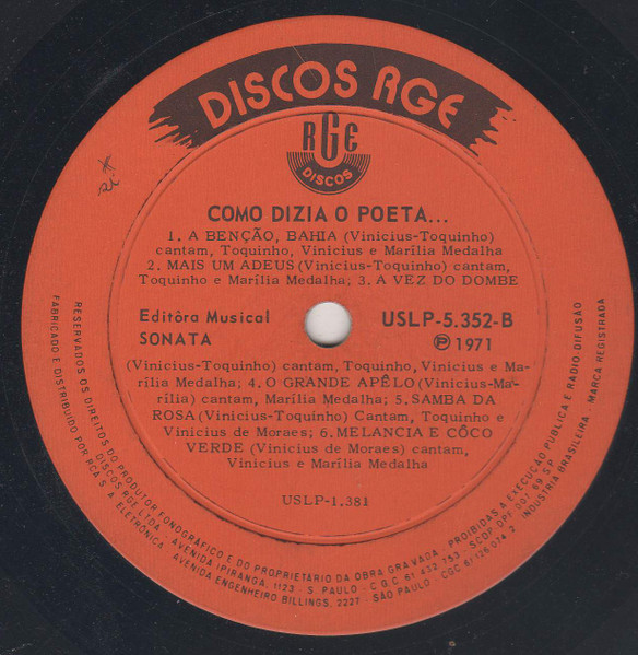 Vinicius De Moraes , Marilia Medalha , Toquinho - Como Dizia O Poeta... | Discos RGE (USLP-5.352) - 4