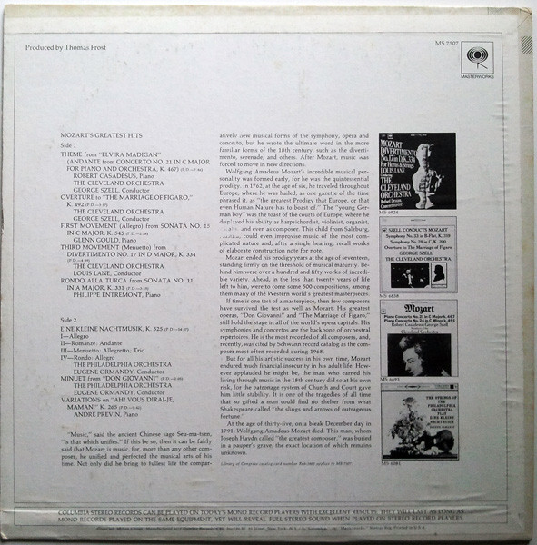 Wolfgang Amadeus Mozart - Mozart's Greatest Hits | Columbia Masterworks (MS 7507) - 2 Wolfgang Amadeus Mozart - Mozart's Greatest Hits | Columbia Masterworks (MS 7507) - 2
