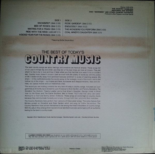 The Country Ramblers Featuring Don Winters - "Snowbird" And Other Country Favorites | RCA Camden (CAS-2476) - 2 The Country Ramblers Featuring Don Winters - "Snowbird" And Other Country Favorites | RCA Camden (CAS-2476) - 2