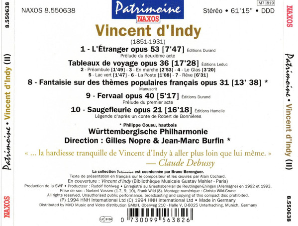 Vincent d'Indy , Württembergische Philharmonie Reutlingen , Gilles Nopre , Jean-Marc Burfin - Patrimoine | Naxos Patrimoine (8.550638) - 2