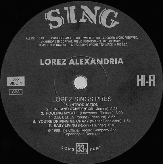 Lorez Alexandria - Lorez Sings Pres - A Late Session At An Intimate Club (A Tribute To Lester Young) | Sing (565) - 3