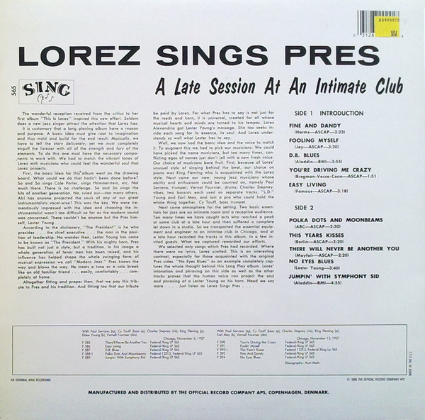 Lorez Alexandria - Lorez Sings Pres - A Late Session At An Intimate Club (A Tribute To Lester Young) | Sing (565) - 2