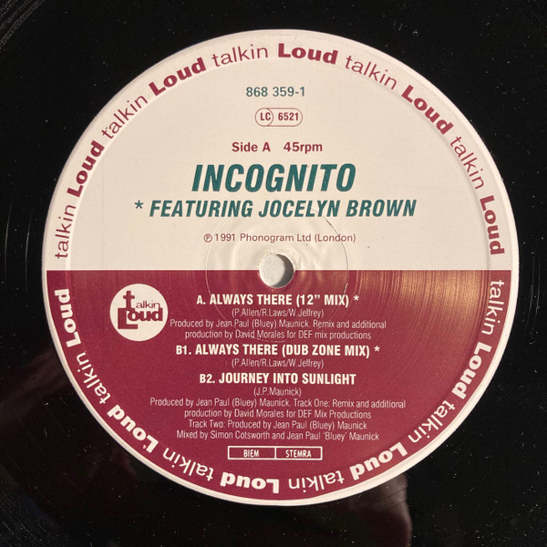 Incognito Featuring Jocelyn Brown - Always There | Talkin' Loud (868 359-1) - 3