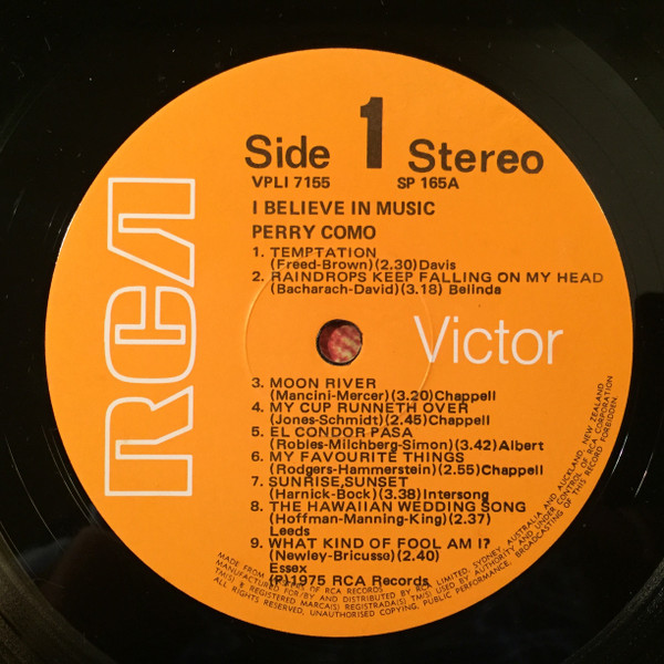Perry Como - I Believe In Music | RCA Victor (VPL1 7155) - 3