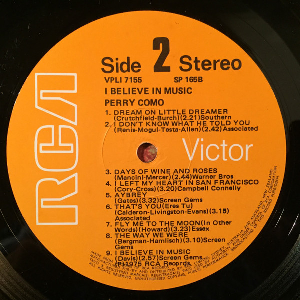 Perry Como - I Believe In Music | RCA Victor (VPL1 7155) - 4