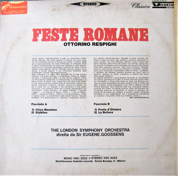 Ottorino Respighi - Feste Romane | Vedette Records (VSC 4022) - 2