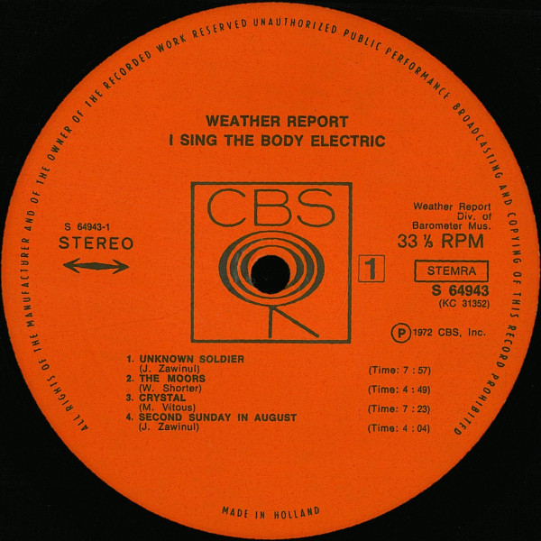 Weather Report - I Sing The Body Electric | CBS (S 64943) - 3
