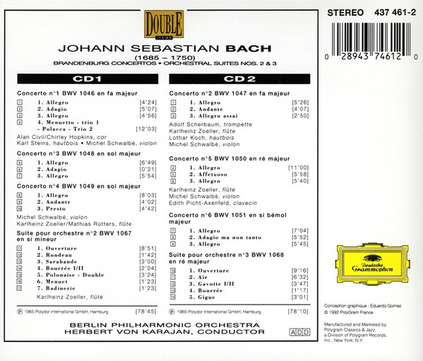 Johann Sebastian Bach , Berliner Philharmoniker , Herbert von Karajan - The Brandenburg Concertos. Orchestral Suites Nos. 2 & 3 | Deutsche Grammophon (437 461-2) - 2