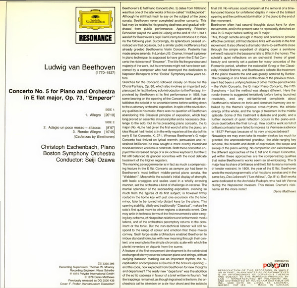 Ludwig Van Beethoven - Christoph Eschenbach , Boston Symphony Orchestra , Seiji Ozawa - Piano Concerto No. 5 In E Flat Major | Deutsche Grammophon (2535 296) - 2