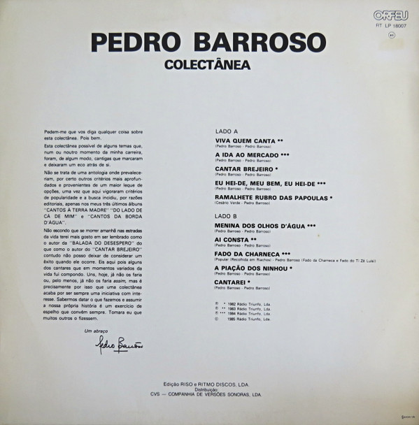 Pedro Barroso - Colectânea | Orfeu (RT LP 18007) - 2