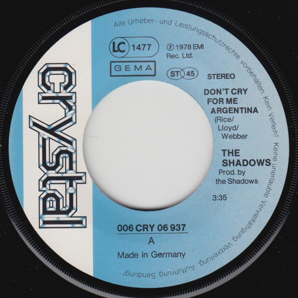 The Shadows - Don't Cry For Me Argentina | Crystal (006 CRY 06 937) - 3