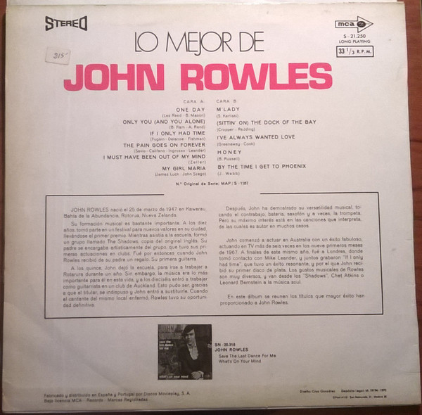 John Rowles - Lo Mejor De John Rowles | MCA Records (S-21.250) - 2