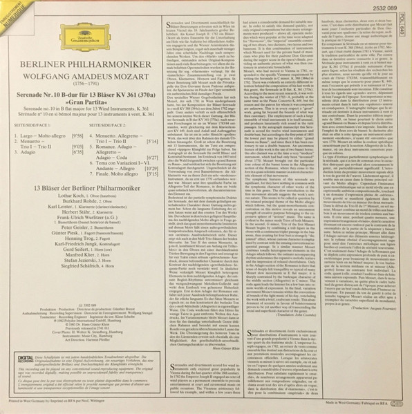 Wolfgang Amadeus Mozart / Berliner Philharmoniker - Serenade K. 361 For 13 Wind Instruments | Deutsche Grammophon (2532 089) - 2