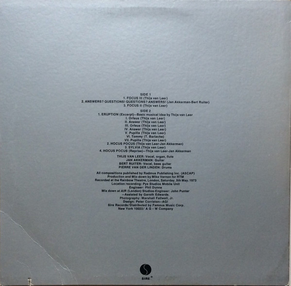 Focus - Live At The Rainbow | Sire (SAS-7408) - 2