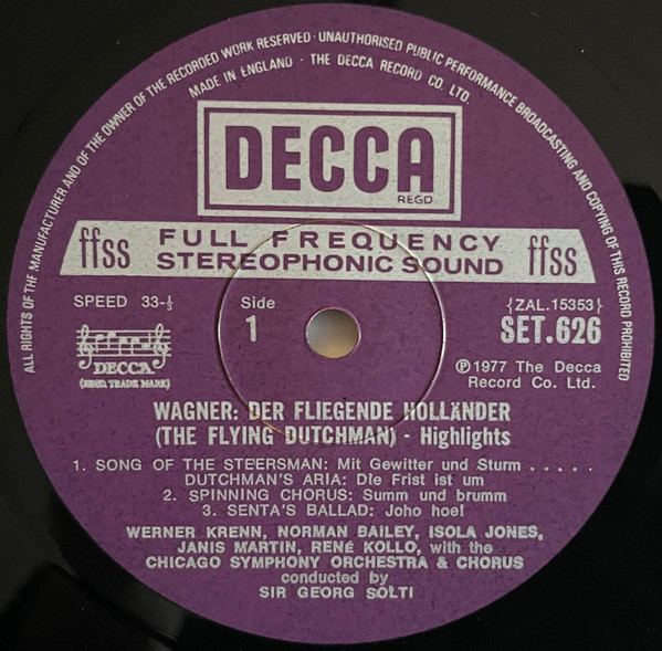 Richard Wagner • Georg Solti , Norman Bailey / Janis Martin / Martti Talvela / René Kollo / Werner Krenn / Isola Jones / Chicago Symphony Chorus & Chicago Symphony Orchestra - Der Fliegende Holländer - Highlights | Decca (SET 626) - 3 Richard Wagner • Georg Solti , Norman Bailey / Janis Martin / Martti Talvela / René Kollo / Werner Krenn / Isola Jones / Chicago Symphony Chorus & Chicago Symphony Orchestra - Der Fliegende Holländer - Highlights | Decca (SET 626) - 3