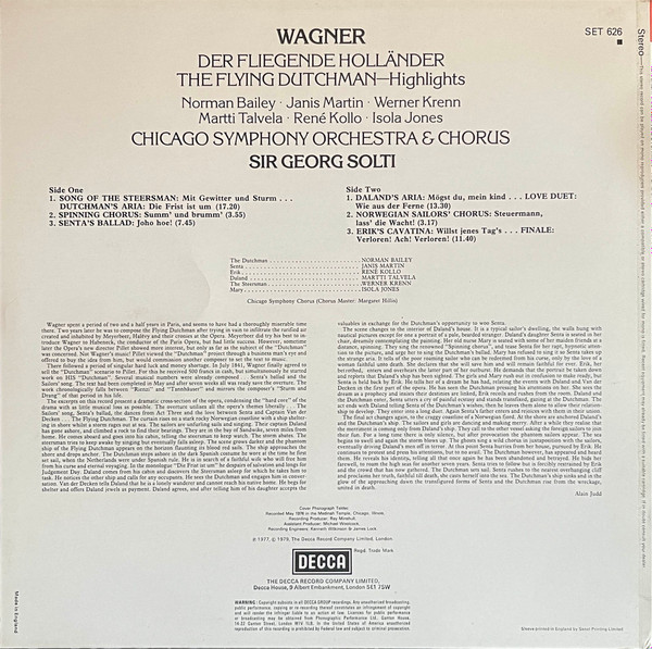 Richard Wagner • Georg Solti , Norman Bailey / Janis Martin / Martti Talvela / René Kollo / Werner Krenn / Isola Jones / Chicago Symphony Chorus & Chicago Symphony Orchestra - Der Fliegende Holländer - Highlights | Decca (SET 626) - 2 Richard Wagner • Georg Solti , Norman Bailey / Janis Martin / Martti Talvela / René Kollo / Werner Krenn / Isola Jones / Chicago Symphony Chorus & Chicago Symphony Orchestra - Der Fliegende Holländer - Highlights | Decca (SET 626) - 2