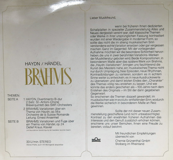 Johannes Brahms , Joseph Haydn , Georg Friedrich Händel - Variationen Von Themen Alter Meister - Im Stil Gewandelt Nach Einem Jahrhundert | Grünenthal (TST 77500) - 2