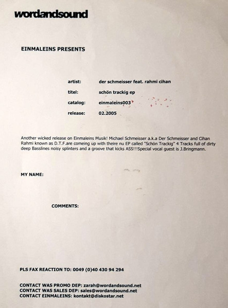 Der Schmeisser Featuring Rahmi Cihan - Schön Trackig EP | Einmaleins Musik (EINMALEINS 003) - 2 Der Schmeisser Featuring Rahmi Cihan - Schön Trackig EP | Einmaleins Musik (EINMALEINS 003) - 2