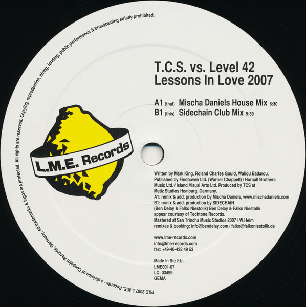 T.C.S. Vs. Level 42 - Lessons In Love 2007 | L.M.E. Records (LME001-07)