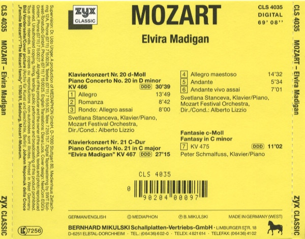 Wolfgang Amadeus Mozart , Svetlana Stanceva , Mozart Festival Orchestra , Alberto Lizzio - Elvira Madigan | ZYX Classic (CLS 4035) - 4 Wolfgang Amadeus Mozart , Svetlana Stanceva , Mozart Festival Orchestra , Alberto Lizzio - Elvira Madigan | ZYX Classic (CLS 4035) - 4
