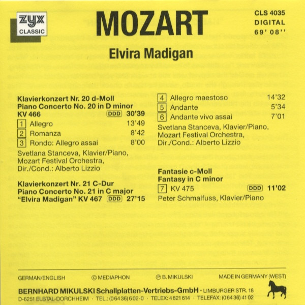 Wolfgang Amadeus Mozart , Svetlana Stanceva , Mozart Festival Orchestra , Alberto Lizzio - Elvira Madigan | ZYX Classic (CLS 4035) - 2 Wolfgang Amadeus Mozart , Svetlana Stanceva , Mozart Festival Orchestra , Alberto Lizzio - Elvira Madigan | ZYX Classic (CLS 4035) - 2