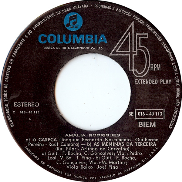 Amália Rodrigues - Ó Careca • O Cochicho | Columbia (8E 016-40 113)