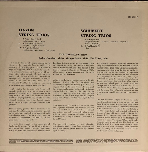 Joseph Haydn / Franz Schubert , Grumiaux Trio - 3 String Trios, Op. 53 / 2 String Trios In B Flat, D. 581 And D.471 | Philips (802 905 LY) - 2