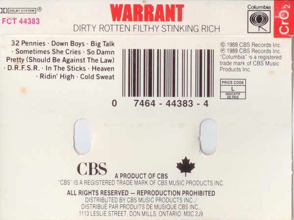 Warrant - Dirty Rotten Filthy Stinking Rich [Cassette] | Columbia (BFCT 44383) - 2