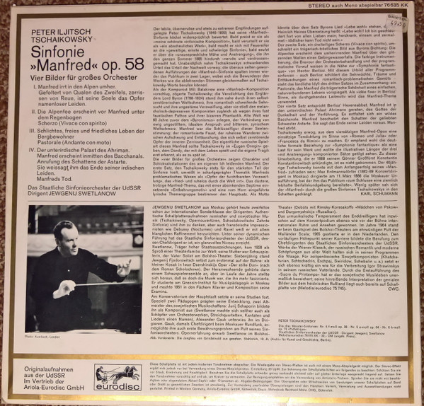 Pyotr Ilyich Tchaikovsky , Russian State Symphony Orchestra , Evgeni Svetlanov - Sinfonie ›Manfred‹ Op. 58 | Melodia-Eurodisc (76 635 KK) - 2