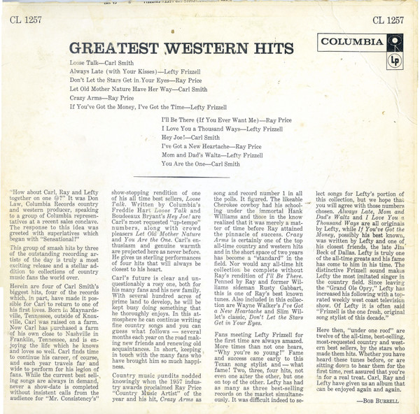 Various - Greatest Western Hits, Vol. 1: Ray Price, Carl Smith, Lefty Frizzell | Columbia (CL 1257) - 2