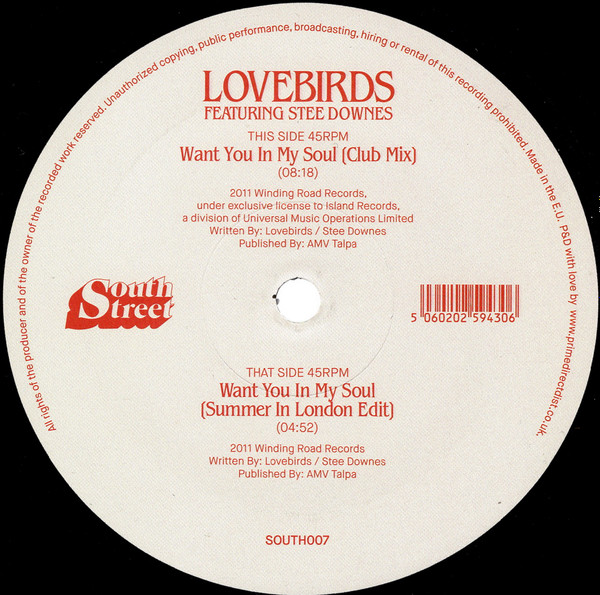 Lovebirds Featuring Stee Downes - Want You In My Soul | South Street (SOUTH007)
