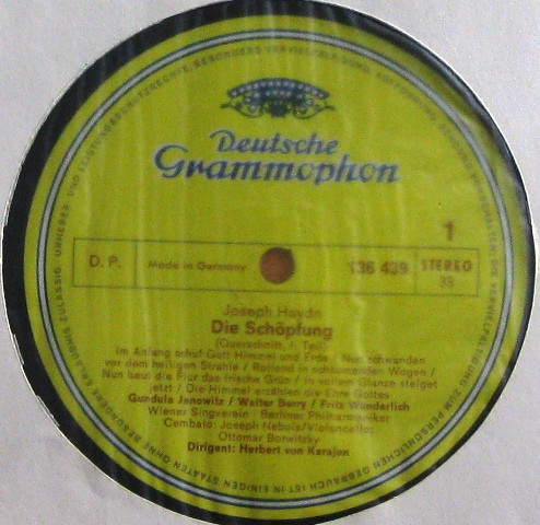 Joseph Haydn , Gundula Janowitz , Christa Ludwig , Fritz Wunderlich , Werner Krenn , Dietrich Fischer-Dieskau , Walter Berry , Wiener Singverein , Berliner Philharmoniker , Herbert von Karajan - Die Schöpfung (Chöre Und Arien) | Deutsche Grammophon (136 439) - 2