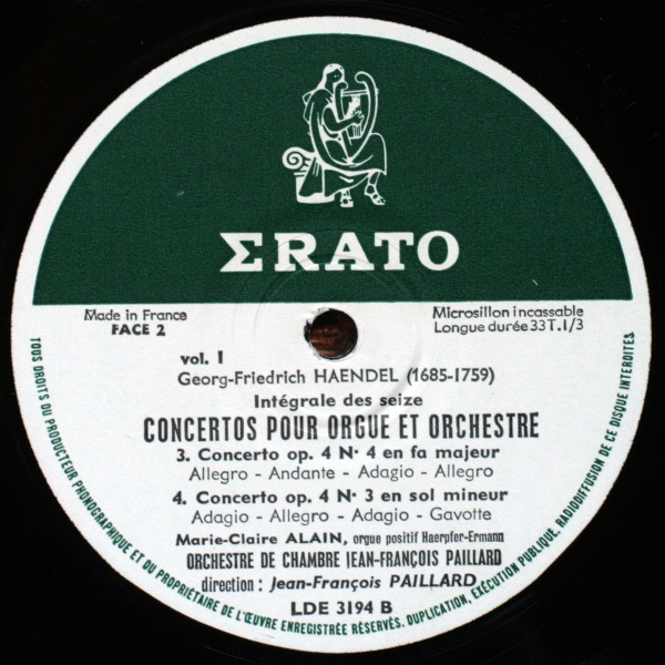 Georg Friedrich Händel , Marie-Claire Alain , Orchestre De Chambre Jean-François Paillard - 16 Concertos Pour Orgue Et Orchestre - Vol. 1 Nos 1 - 4 | Erato (LDE 3194) - 4