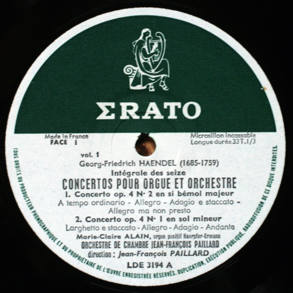 Georg Friedrich Händel , Marie-Claire Alain , Orchestre De Chambre Jean-François Paillard - 16 Concertos Pour Orgue Et Orchestre - Vol. 1 Nos 1 - 4 | Erato (LDE 3194) - 3
