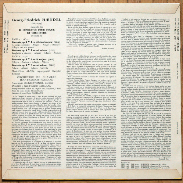 Georg Friedrich Händel , Marie-Claire Alain , Orchestre De Chambre Jean-François Paillard - 16 Concertos Pour Orgue Et Orchestre - Vol. 1 Nos 1 - 4 | Erato (LDE 3194) - 2