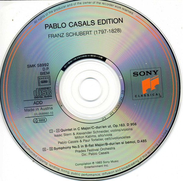 Franz Schubert / Isaac Stern , Alexander Schneider , Milton Katims , Pablo Casals , Paul Tortelier / Prades Festival Orchestra - Quintet D. 956 / Symphony No. 5 D. 485 | Sony Classical (SMK 58992) - 3