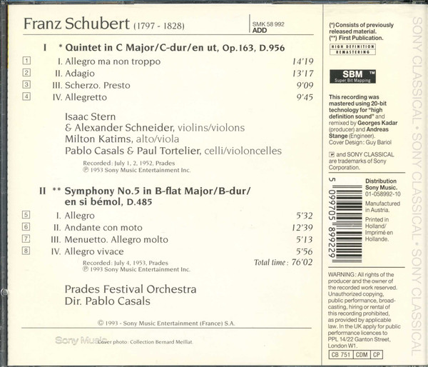 Franz Schubert / Isaac Stern , Alexander Schneider , Milton Katims , Pablo Casals , Paul Tortelier / Prades Festival Orchestra - Quintet D. 956 / Symphony No. 5 D. 485 | Sony Classical (SMK 58992) - 2