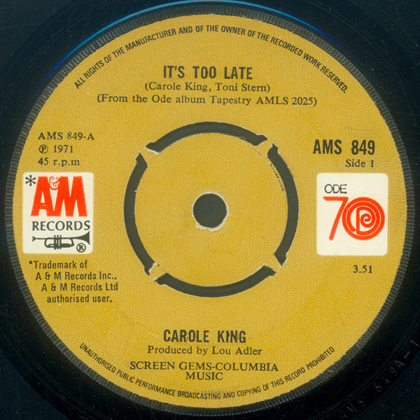Carole King - It's Too Late | A&M Records (AMS 849)