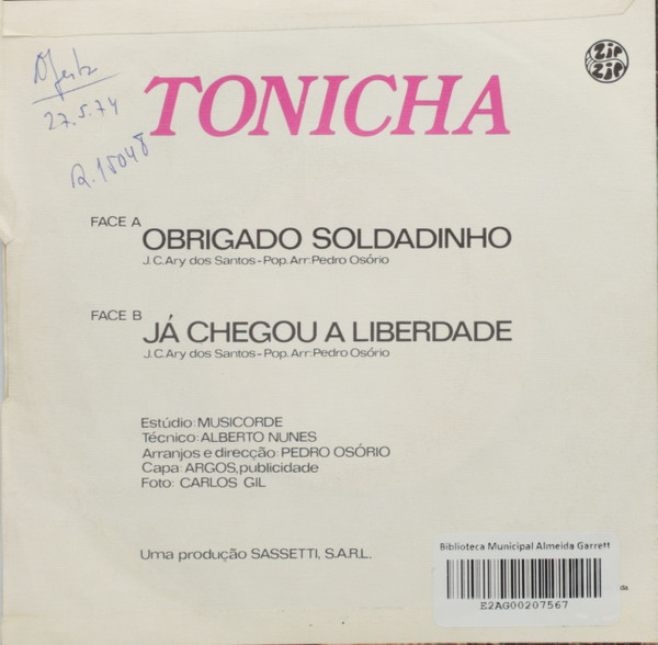 Tonicha - Obrigado Soldadinho / Já Chegou A Liberdade | Zip Zip (30053/S) - 2