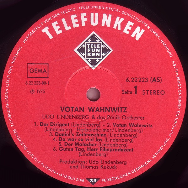 Udo Lindenberg Und Das Panikorchester - Votan Wahnwitz | Telefunken (6.22223) - 3