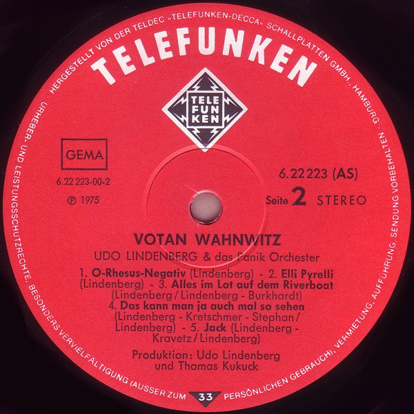 Udo Lindenberg Und Das Panikorchester - Votan Wahnwitz | Telefunken (6.22223) - 4