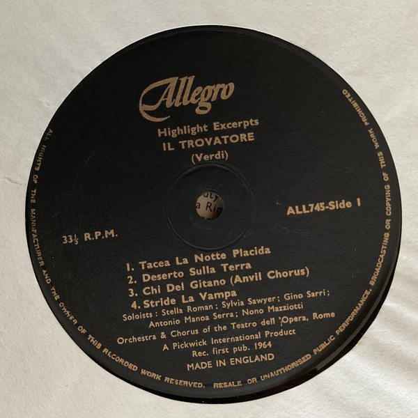 Giuseppe Verdi - Orchestra Del Teatro Dell'Opera Di Roma E Coro Del Teatro Dell'Opera Di Roma - Highlight Excerpts From Il Trovatore | Allegro Records (ALL745) - 2