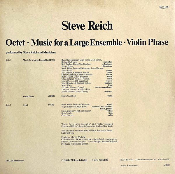 Steve Reich - Octet • Music For A Large Ensemble • Violin Phase | ECM Records (ECM 1168) - 4 Steve Reich - Octet • Music For A Large Ensemble • Violin Phase | ECM Records (ECM 1168) - 4