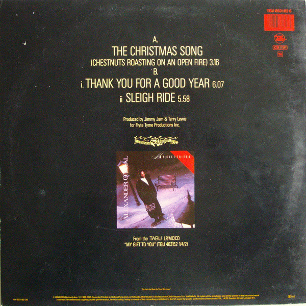 Alexander O'Neal - The Christmas Song (Chestnuts Roasting On An Open Fire) / Thank You For A Good Year / Sleigh Ride | Tabu Records (TBU 653182 6) - main Alexander O'Neal - The Christmas Song (Chestnuts Roasting On An Open Fire) / Thank You For A Good Year / Sleigh Ride | Tabu Records (TBU 653182 6) - main