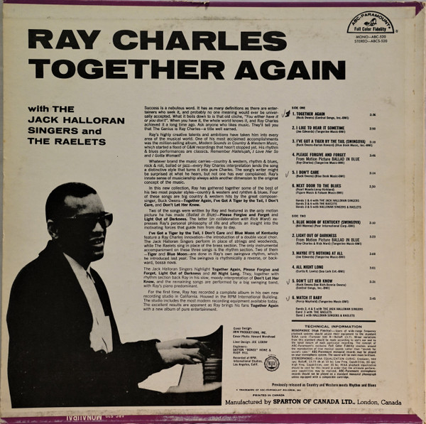 Ray Charles With The Jack Halloran Singers And Raelets - Together Again | ABC-Paramount (ABCS 520) - 2