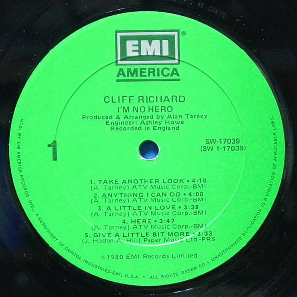 Cliff Richard - I'm No Hero | EMI America (SW-17039) - 3