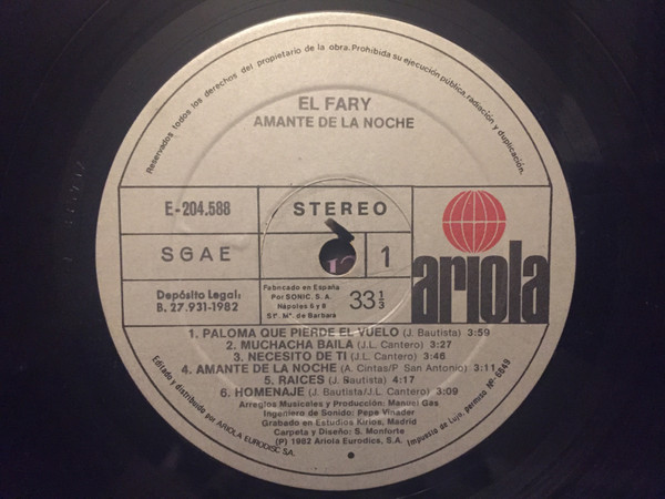 El Fary - Amante De La Noche | Ariola (E-204.588) - 3