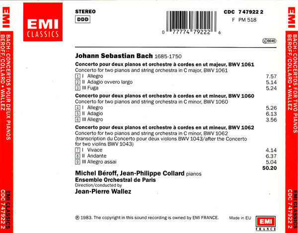 Johann Sebastian Bach / Michel Béroff , Jean-Philippe Collard , Ensemble Orchestral De Paris , Jean-Pierre Wallez - Les Concertos Pour Deux Pianos | EMI Classics (CDC 7 47922 2) - 2