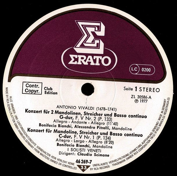 Antonio Vivaldi , Bonifacio Bianchi , Alessandro Pitrelli , Piero Toso , I Solisti Veneti , Claudio Scimone - Drei Mandolinenkonzerte - Konzert Für 2 Orchester Und Violine "Con Violino Scordato" | Erato (46 269-7) - 3